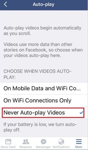 How to disable auto-play for videos in Facebook for iOS