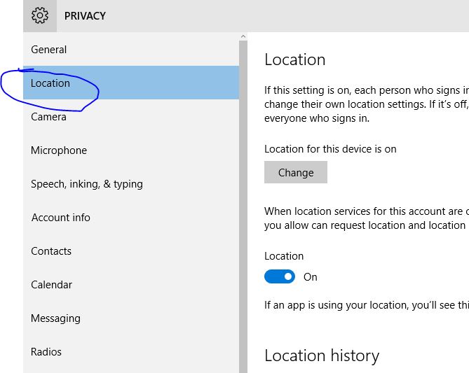 Turn off Location History in Windows 10