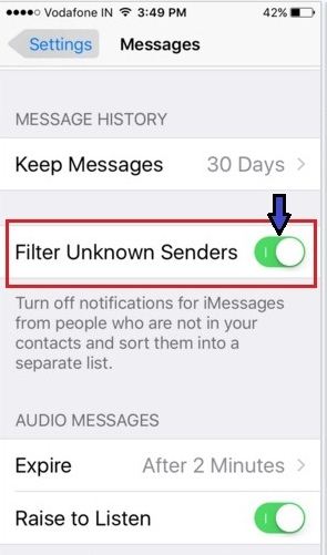 filter unknown message in iphone