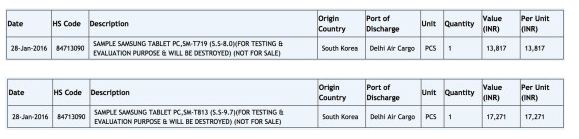 Samsung Galaxy Tab S2 listing on zauba