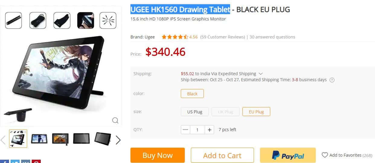 UGEE HK1560 Drawing Tablet $20 Coupon Code with Global Delivery Option